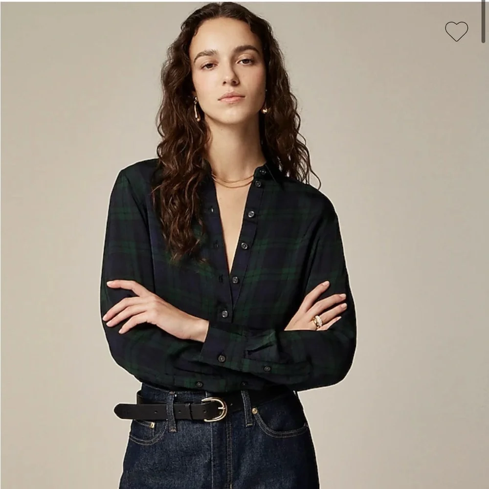 J. Crew Drapey button-up shirt in Black Watch tartan, green/black, NWT, small